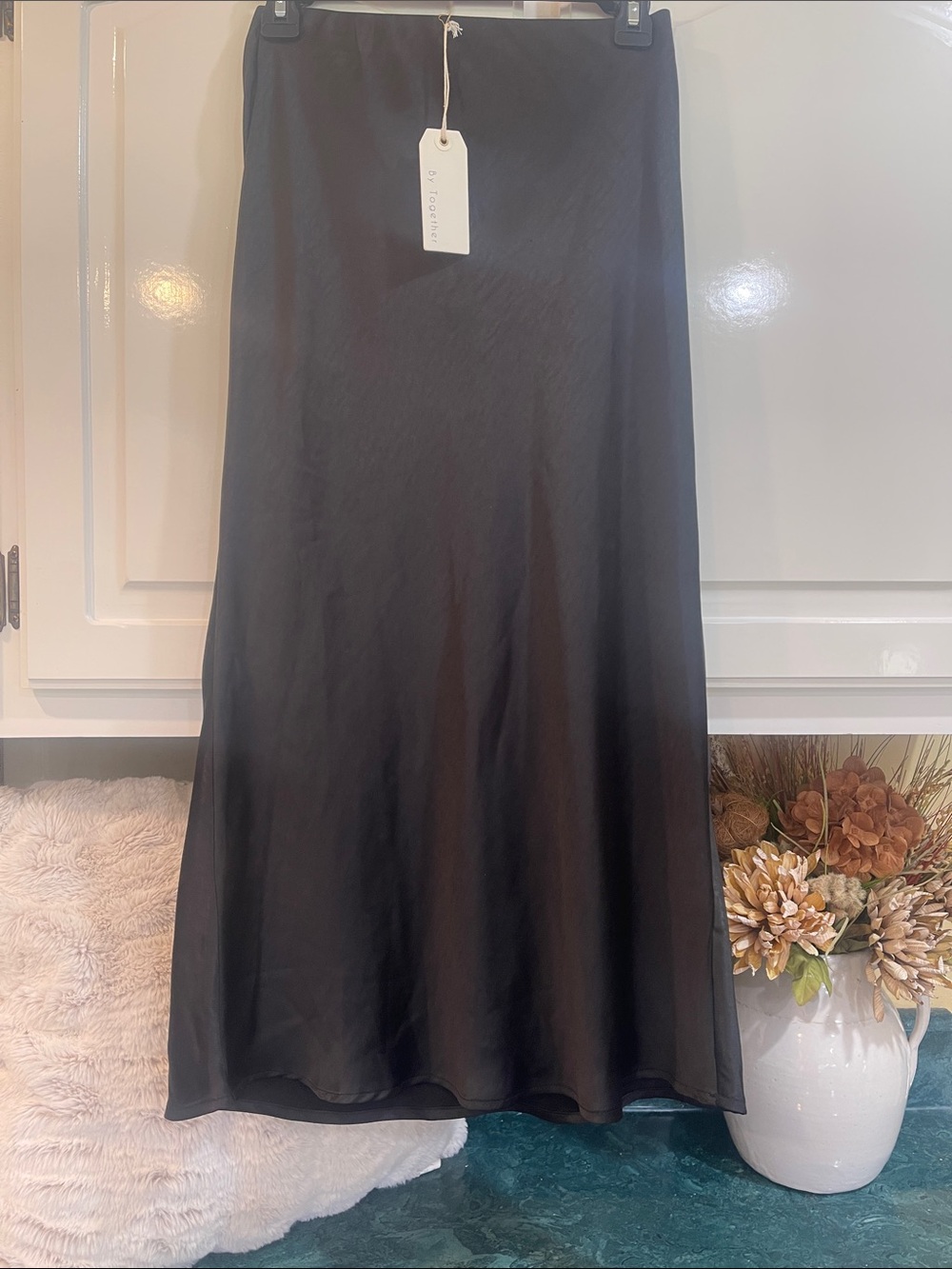 By Together Black Satin Maxi Slip Skirt